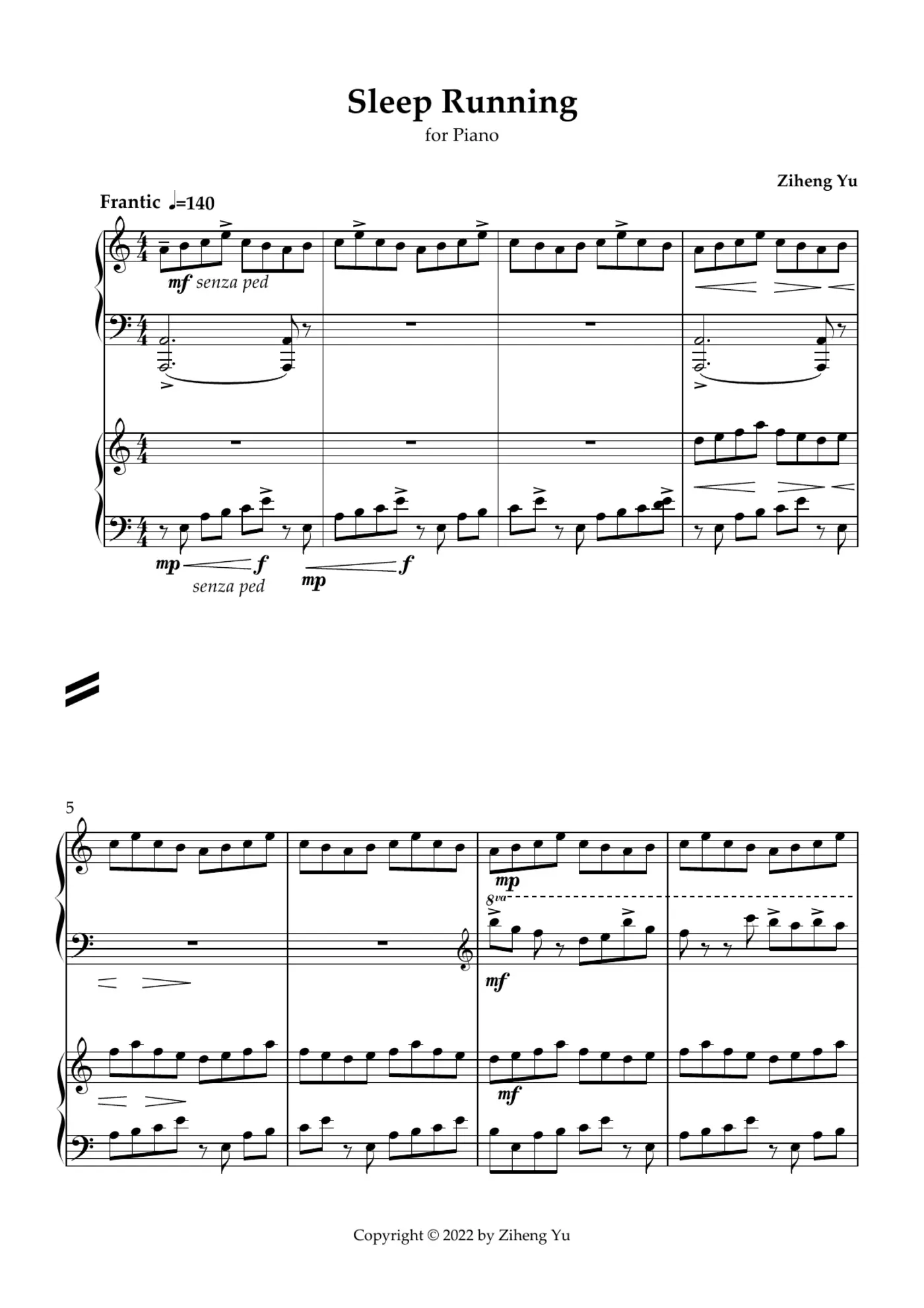 Opening page of Sleep Running for two pianos by Ziheng Yu
